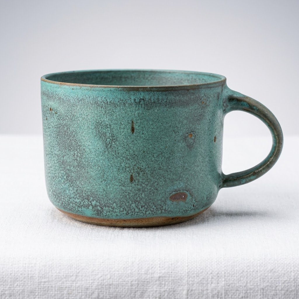 Stoneware mug with green floating satin glaze